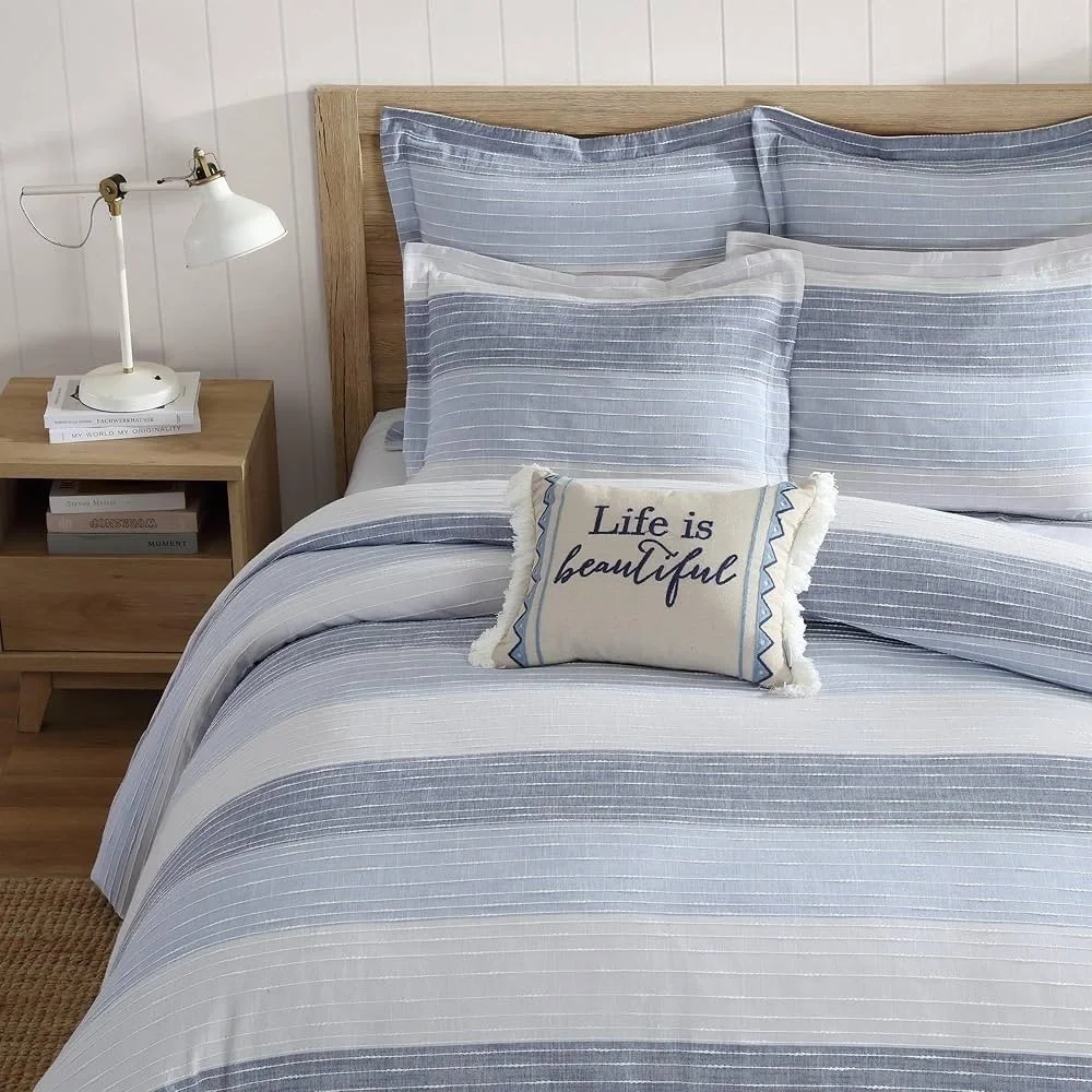 Levtex Home - Sand Stripes Blue Comforter Set - King Jaquard Stripe - Cotton